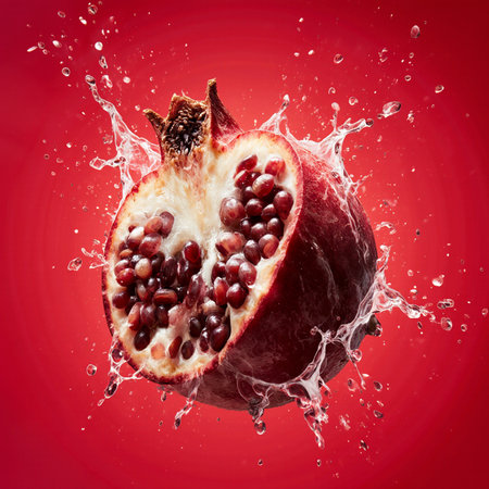 Pomegranate with water splash, isolated on red background.の素材