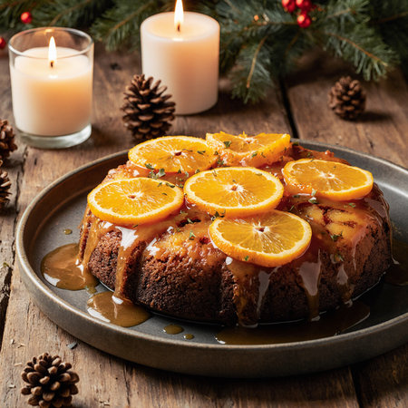 Christmas orange cake with honey and tangerines on a wooden tableの素材