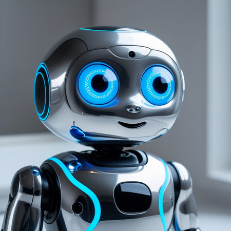 3d rendering robot with blue eyes looking at the camera in a roomの素材