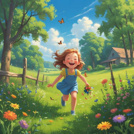 Little girl running in the meadow with colorful flowers and butterflies.の素材