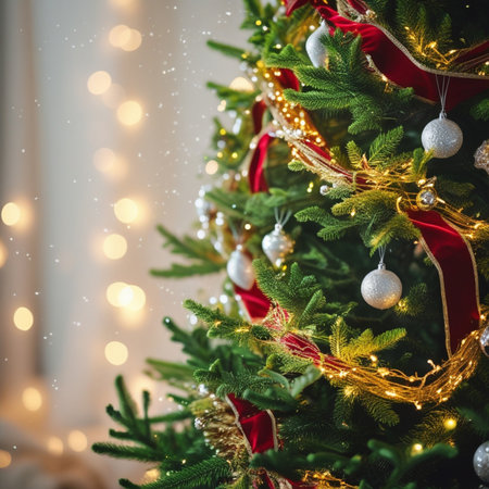 Christmas tree with lights and garlands on bokeh background.の素材