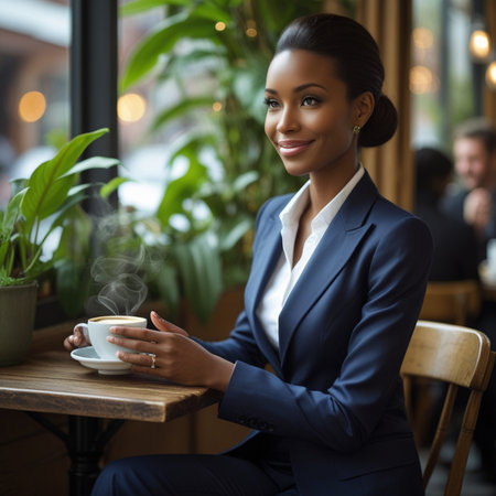 Attractive african american businesswoman drinking coffee in a cafeの素材