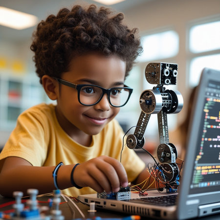 Portrait of cute little boy in eyeglasses looking at camera while using robot at robotics schoolの素材