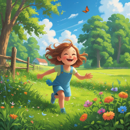 happy little girl running in the green meadow with flowers and butterfliesの素材