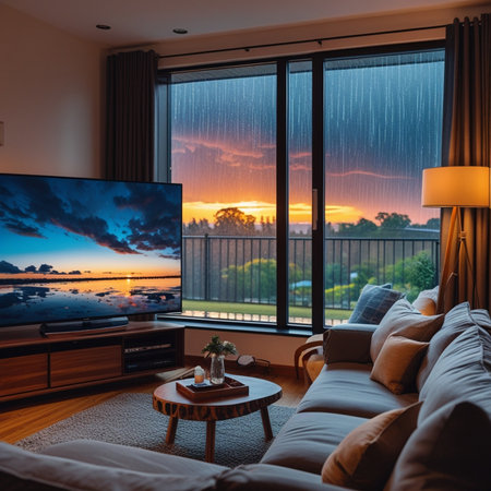Luxury living room interior with a view of the lake and sunset.の素材