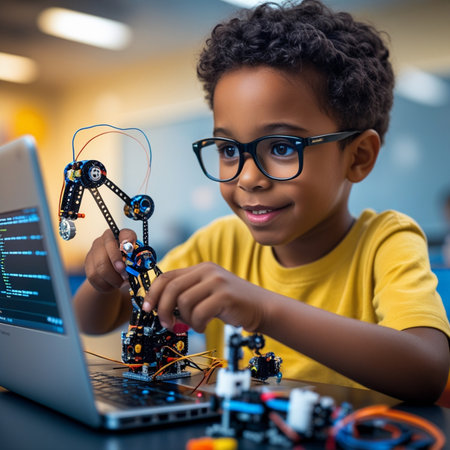 Portrait of cute African-American boy in eyeglasses sitting at table and playing with robot. Technology conceptの素材