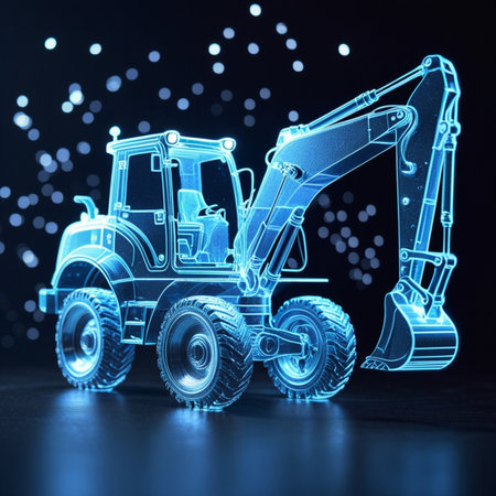 Blue excavator toy on black background. 3D rendering. Neon illuminationの素材