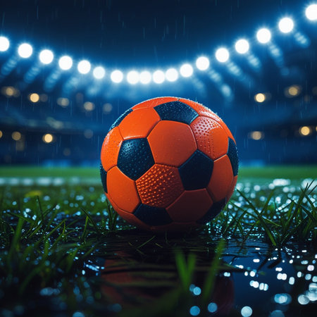 Soccer ball on the grass under the rain with floodlights.の素材