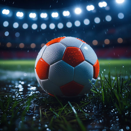 Soccer ball on the grass under the rain. Close-upの素材