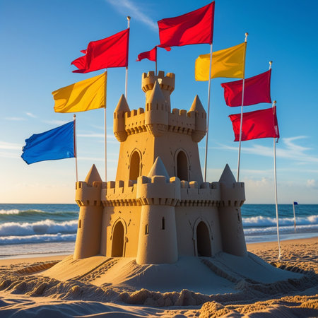 Sandcastle on the beach with flags of Spain and France at sunsetの素材