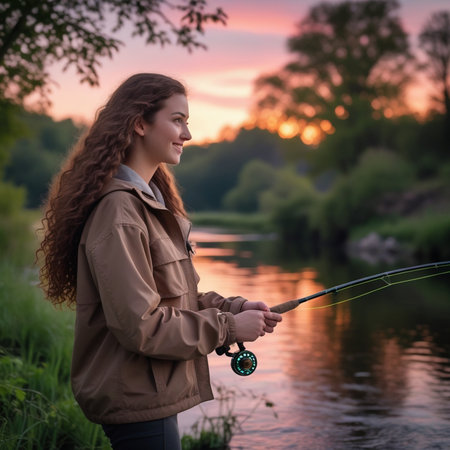 Beautiful young woman fishing on the river at sunset in the summerの素材