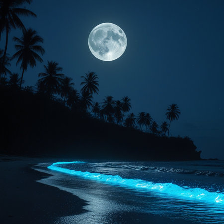 beautiful night view of tropical beach with palm trees and full moonの素材