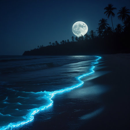 tropical beach with palm trees at night and full moon in the skyの素材