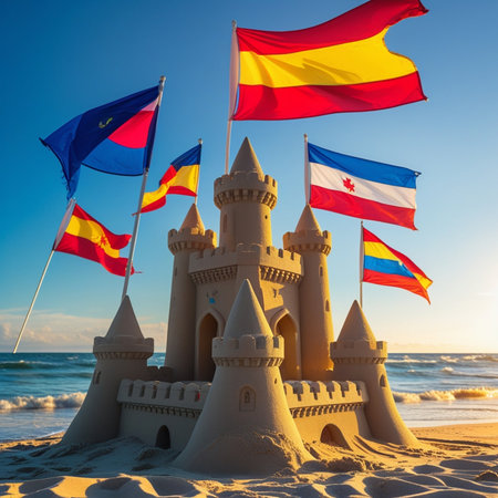 Sandcastle on the beach with flags of Colombia and Costa Rica.の素材