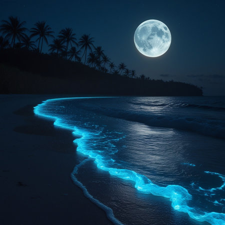 tropical beach at night with full moon and palm trees in full moon lightの素材