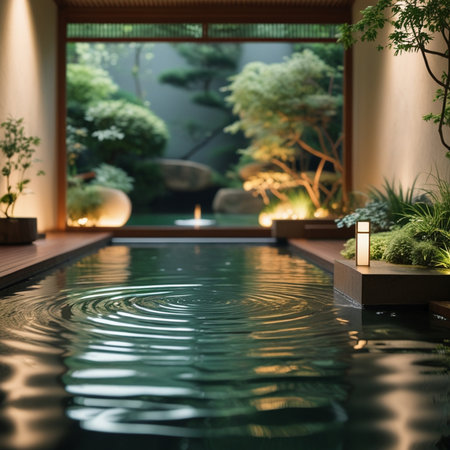Swimming pool in the garden with green plants on the terraceの素材