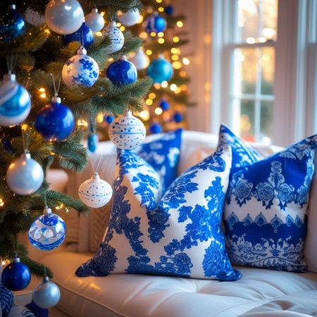 Beautiful Christmas living room with a decorated Christmas tree and blue pillowsの素材