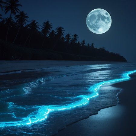 Full moon over a tropical beach in full moon light. 3D Renderingの素材