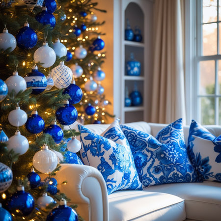 Decorated Christmas tree with blue pillows in living room.の素材