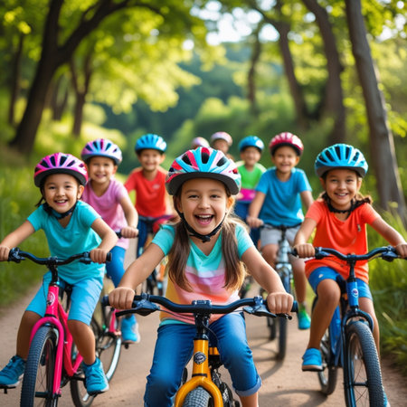 group of happy kids riding bikes in park on sunny day during summer vacationの素材