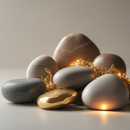 Easter eggs with golden lights on a gray background. Happy Easter.の素材