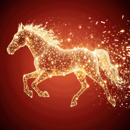 Horse from particles on a red background. Polygonal design.の素材