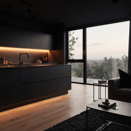 interior of modern kitchen with black walls, wooden floor and black cupboardsの素材