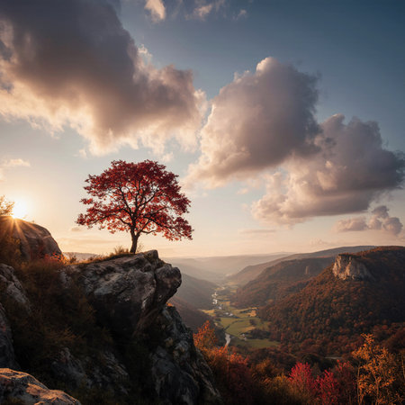 Autumn landscape with lonely tree on top of a rock in the mountainsの素材