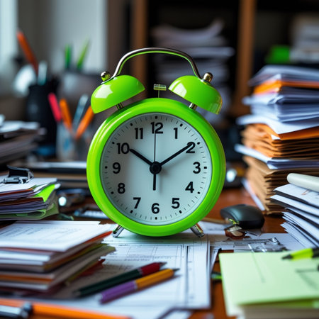 Green alarm clock on the desk with stack of books. Time management concept.の素材