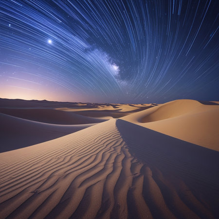 Star trails over sand dunes in the Sahara desert, Morocco.の素材