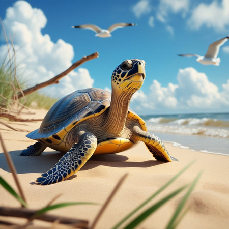 Turtle on the beach with seagulls in the backgroundの素材