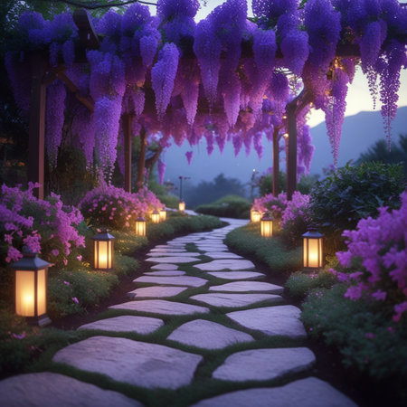 Wisteria blooming in the garden with lanterns and pathの素材