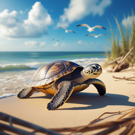 turtle on the beach with seagulls and blue skyの素材