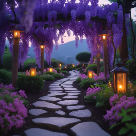 Wisteria flowers bloom in the garden, purple color tone.の素材