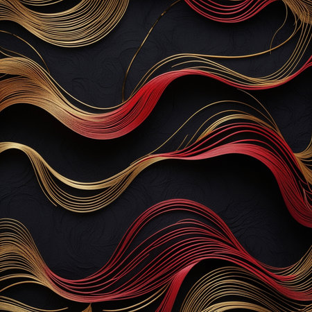 Abstract background with gold and red wavy lines. Vector illustration.の素材