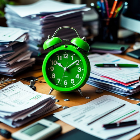 Alarm clock on office desk with pile of paperwork. Time management concept.の素材