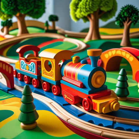 Wooden toy train in the park. Toy train on colorful backgroundの素材