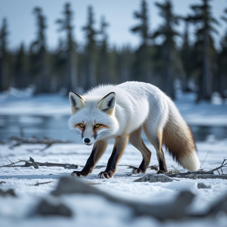 Red Fox, Vulpes vulpes, walking in winter forest.の素材