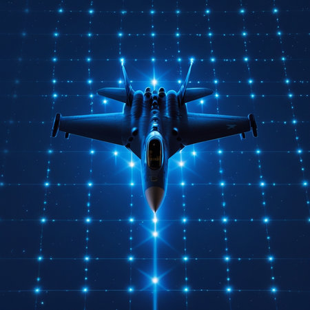 3d rendering of a jet fighter on a blue background with lightsの素材