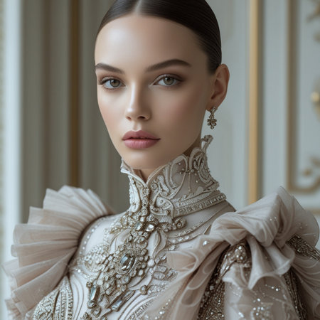 fashion interior photo of gorgeous woman with dark hair in luxurious wedding dress and accessoriesの素材