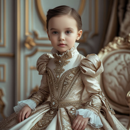 Portrait of a beautiful little girl in a medieval dress. Vintage style.の素材