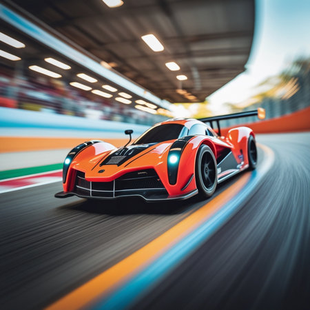 Red sports car on the race track. 3d rendering image.の素材