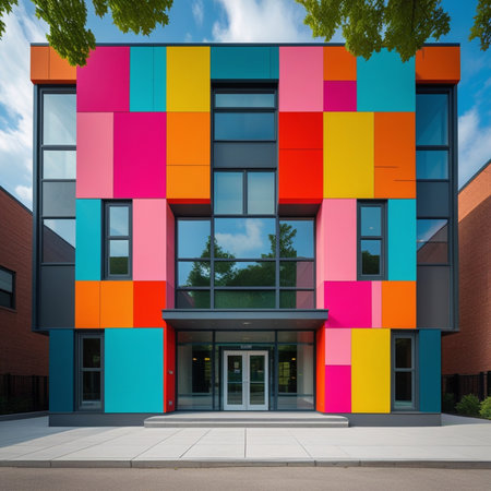 Facade of a modern office building with colorful cubes. 3d renderingの素材