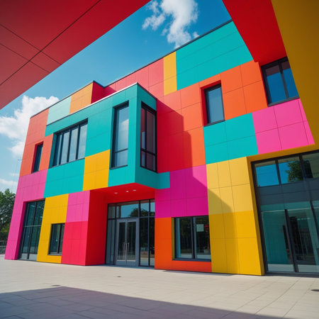 Colorful modern office building. Architectural detail of modern office building.の素材