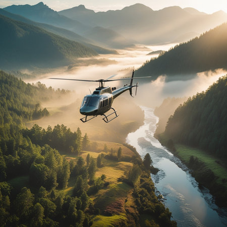 Helicopter flying over the river in the mountains at sunrise.の素材
