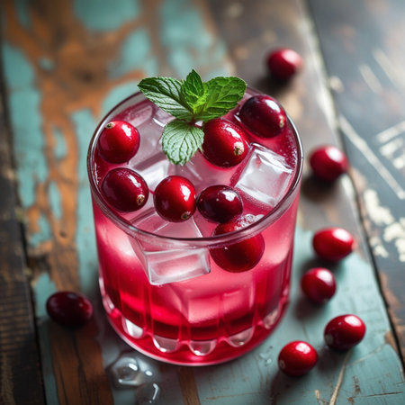 Cranberry cocktail with ice and mint on rustic wooden backgroundの素材