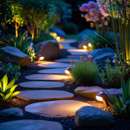 Garden stone walkway with lit candles at night time.の素材