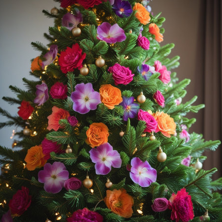 Christmas tree decorated with colorful flowers and garlands. Close up.の素材