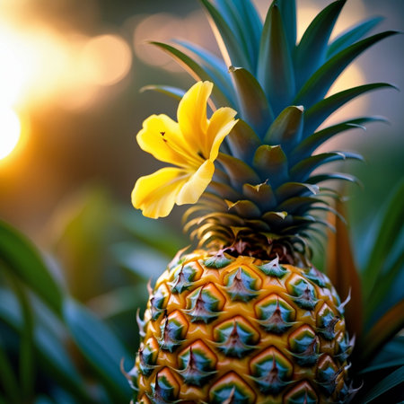 Pineapple with yellow flower in the garden at sunset. Tropical background.の素材
