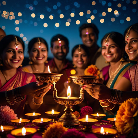 Group of happy Indian people celebrating diwali or deepavali with lighting candlesの素材